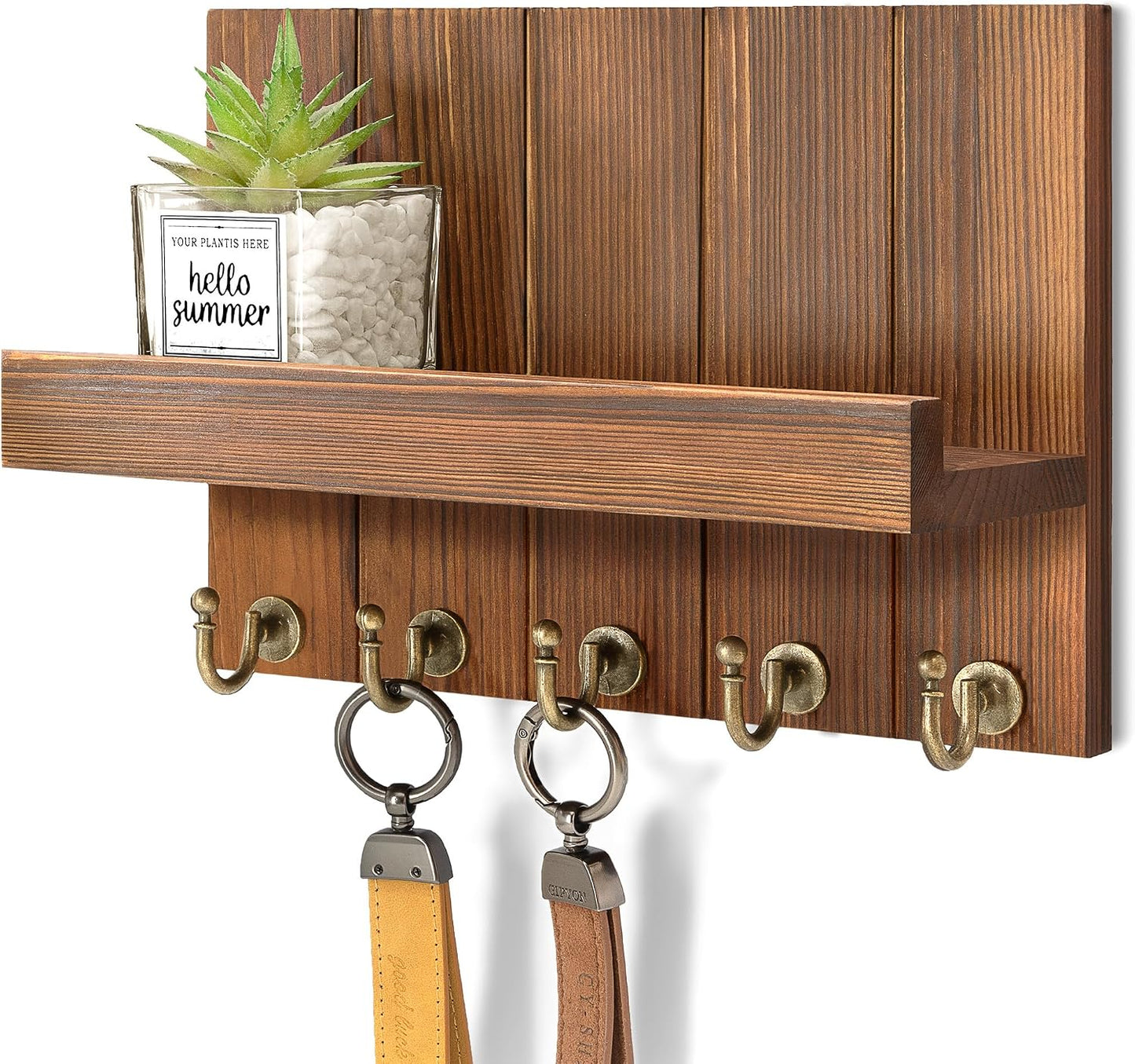 Rebee Vision Decorative Key Holder Wall Mount - Rustic Key Holder for Wall with Shelf and Mail Organizer for Living Room Decor - Home Essentials for Home Improvement (Brown, 3.54" x 10" x 7.28")