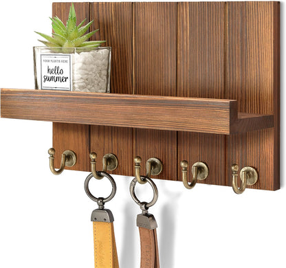Rebee Vision Decorative Key Holder Wall Mount - Rustic Key Holder for Wall with Shelf and Mail Organizer for Living Room Decor - Home Essentials for Home Improvement (Brown, 3.54" x 10" x 7.28")