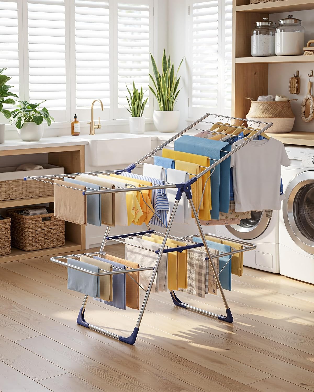 Sakugi Clothes Drying Rack, Foldable 2-Level Laundry Drying Rack with Height-Adjustable Wings, for Clothing & Bedding, Free-Standing Space-Saving Rack, Indoor & Outdoor, 55.5" L × 22.8" W, Gray