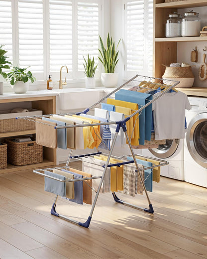 Sakugi Clothes Drying Rack, Foldable 2-Level Laundry Drying Rack with Height-Adjustable Wings, for Clothing & Bedding, Free-Standing Space-Saving Rack, Indoor & Outdoor, 55.5" L × 22.8" W, Gray