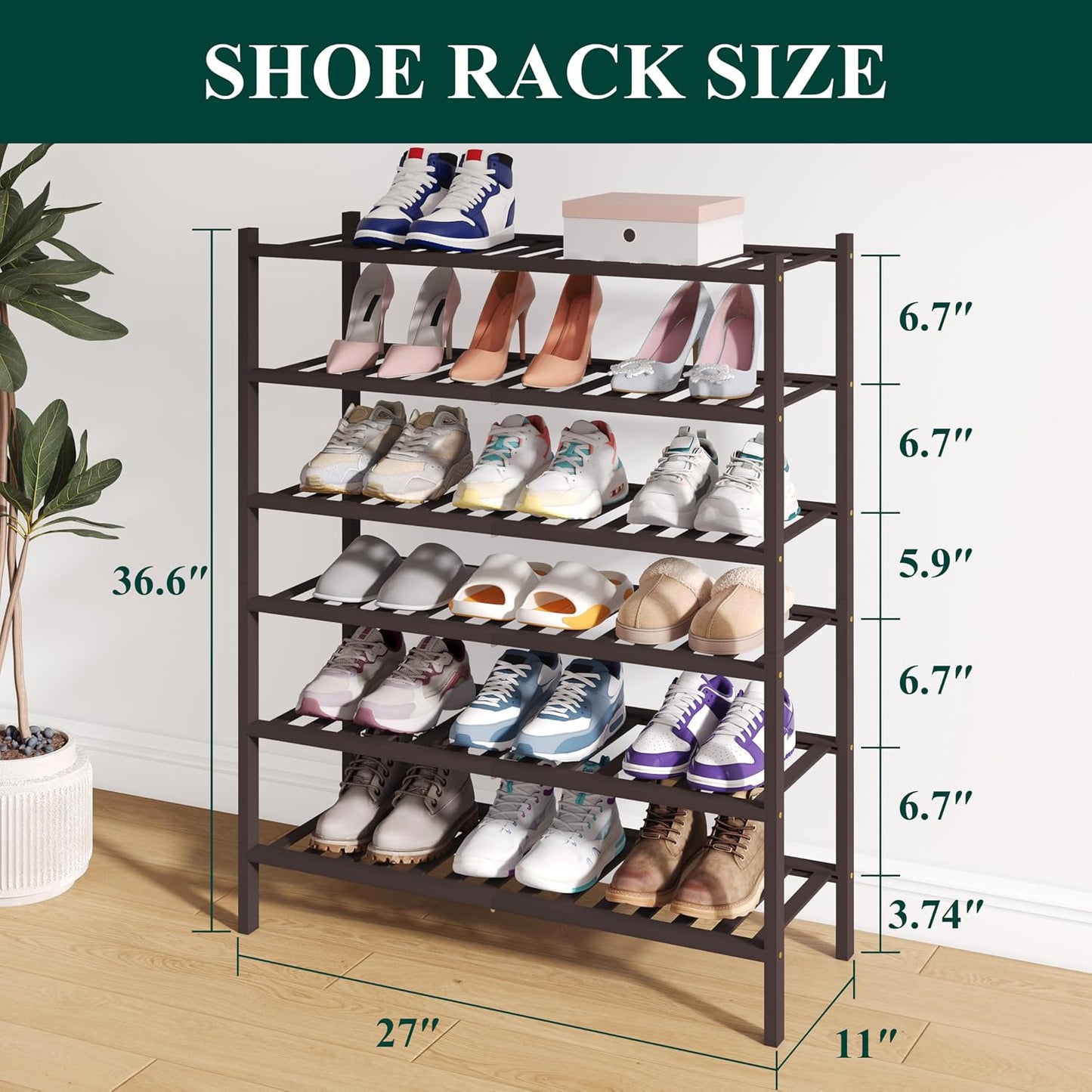Smiry Bamboo Shoe Rack for Closet, 3 Tier Wooden Shoe Organizer, Stackable Wood Shoe Storage Shelf for Entryway, 14 Vertical Slats, One-piece Heavy-Duty Legs, 26.77"x11.02"x18.31", Natural