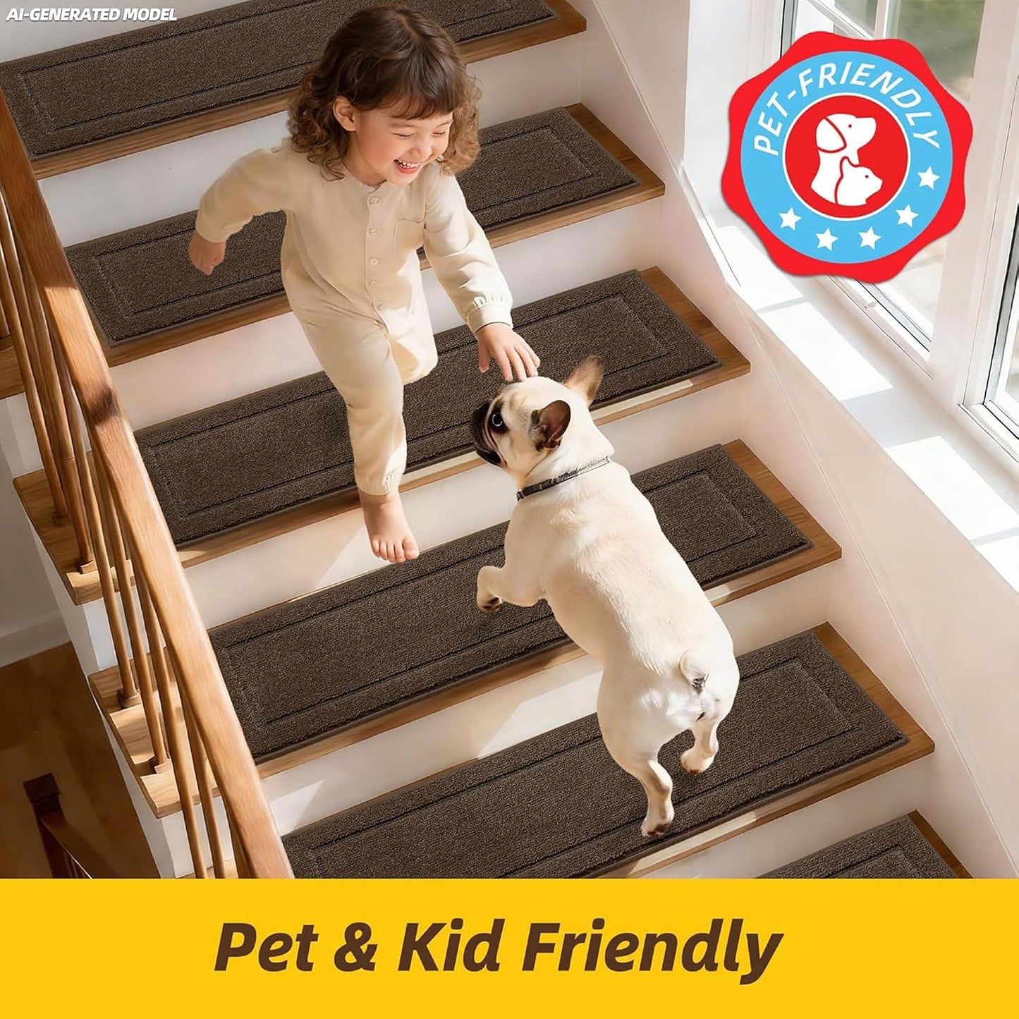 JSEI Stair Treads for Wooden Steps Indoor, 15-Pack Non Slip Stair Treads 30" x 8", Washable Polyester Stair Mats with TPE Backing, Low Profile Stair Rugs for Kids, Seniors and Dogs, Brown