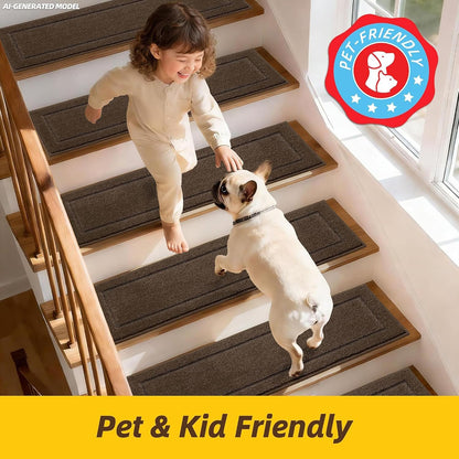 JSEI Stair Treads for Wooden Steps Indoor, 15-Pack Non Slip Stair Treads 30" x 8", Washable Polyester Stair Mats with TPE Backing, Low Profile Stair Rugs for Kids, Seniors and Dogs, Brown