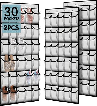 Kotkn Over the Door Shoe Organizer with 30 Breathable Mesh Pockets - Large Capacity Closet Storage for Men & Women, Hanging Shoe Rack Organizer (Gray)