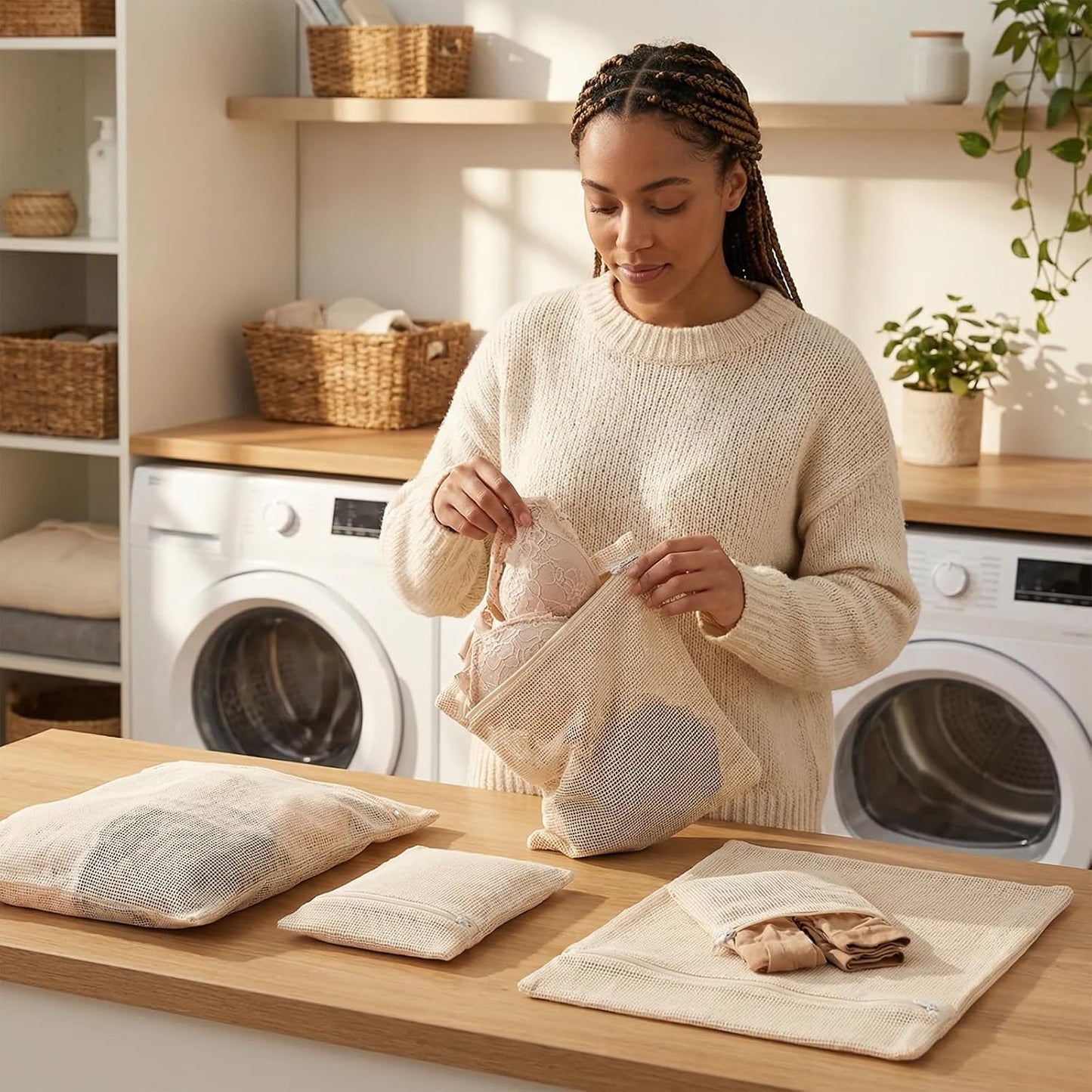 4-Piece 100% Cotton Mesh Laundry Bags, Premium Soft No-Dye Natural Delicate Bags with Sturdy Zippers, Breathable for Underwear, Socks, Clothes & Pants