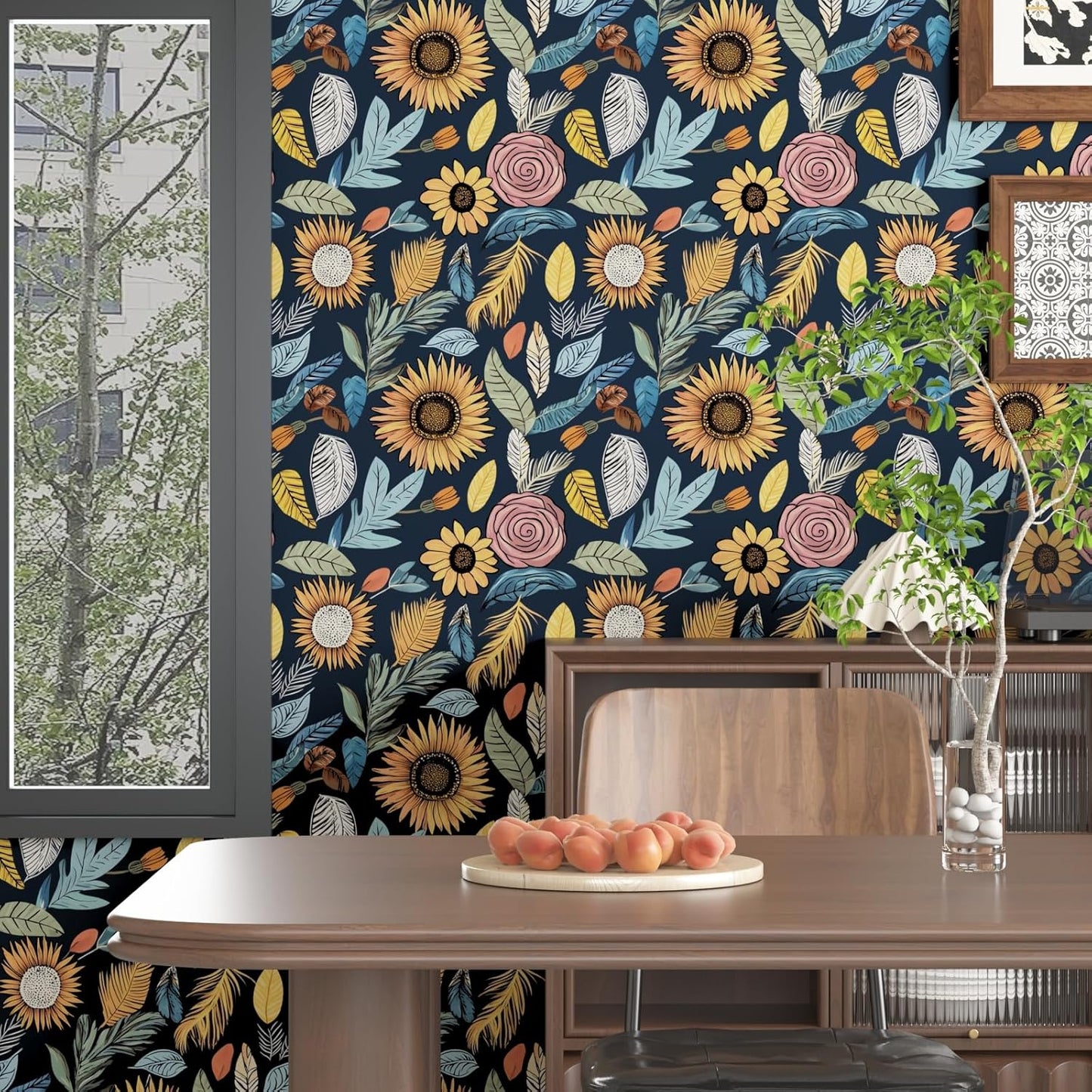 Blue Wallpaper Peel and Stick,Vintage Boho Floral Contact Paper 17.5" x 118", Retro Botanical Flower Wall Paper Self Adhesive Removable Waterproof for Walls Shelves Cabinet Table (Blue,Yellow, Green)