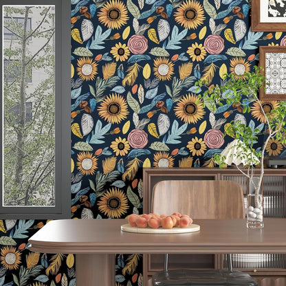 Blue Wallpaper Peel and Stick,Vintage Boho Floral Contact Paper 17.5" x 118", Retro Botanical Flower Wall Paper Self Adhesive Removable Waterproof for Walls Shelves Cabinet Table (Blue,Yellow, Green)