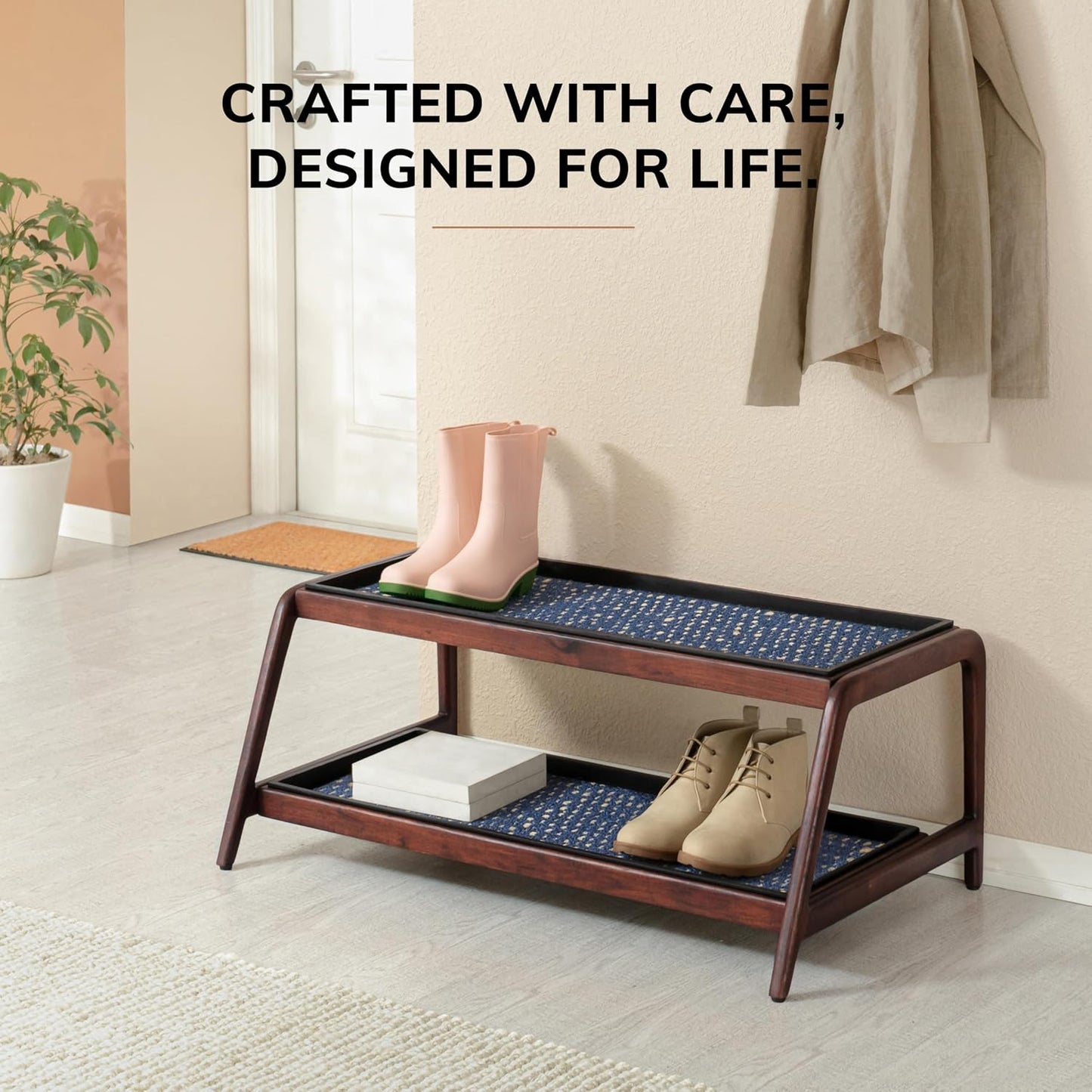 Anji Mountain Heavy Duty Waterproof Wooden Shoe Storage Mat Organizer/Boot Storage Tray Multi Use for Entryway with Coir, Gray and Ivory Insert, 1 Tier, Fits 2 Pair (26.5" Wide)