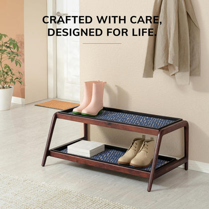Anji Mountain Heavy Duty Waterproof Wooden Shoe Storage Mat Organizer/Boot Storage Tray Multi Use for Entryway with Coir, Gray and Ivory Insert, 1 Tier, Fits 2 Pair (26.5" Wide)