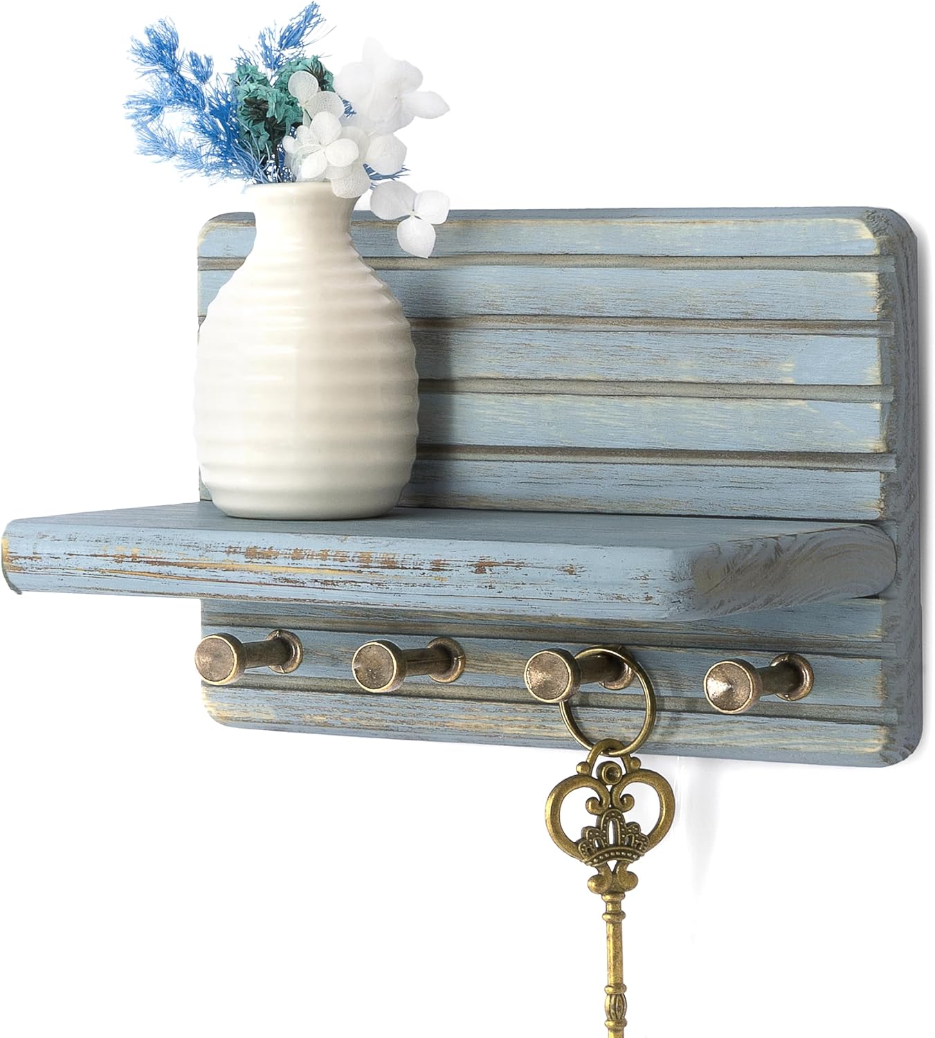 Rebee Vision Farmhouse Key Holder Wall Mount for Home Decor – Decorative Pine Wooden Key Holder for Wall with 6 Hooks & Floating Shelf - Rustic Charm for Room Decor Aesthetic (Brown)