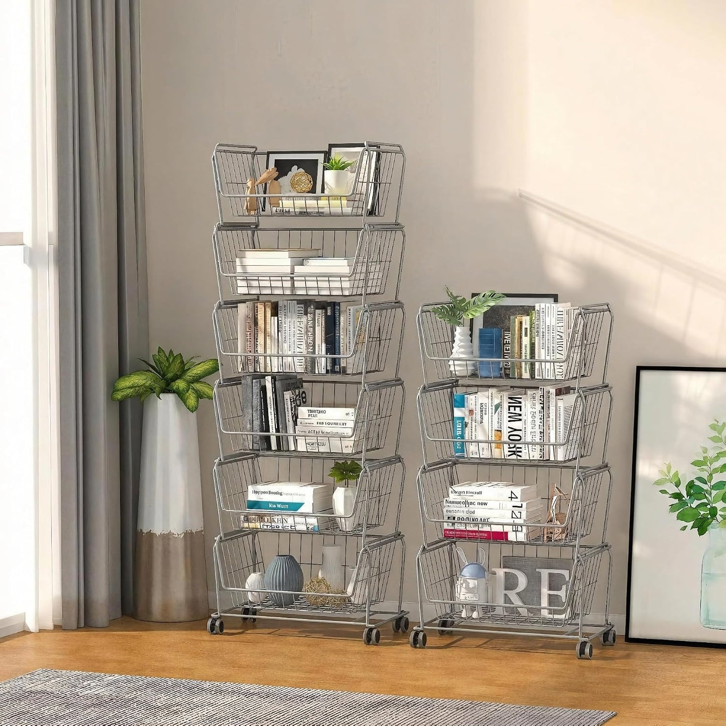PUSDON 6-Tier Tall Stackable Wire Storage Baskets with Wheels, Vertical Metal Rolling Utility Cart, High Capacity Produce Basket for Kitchen Pantry, Snack Organizer, Matte Black