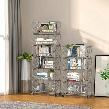 PUSDON 6-Tier Tall Stackable Wire Storage Baskets with Wheels, Vertical Metal Rolling Utility Cart, High Capacity Produce Basket for Kitchen Pantry, Snack Organizer, Matte Black