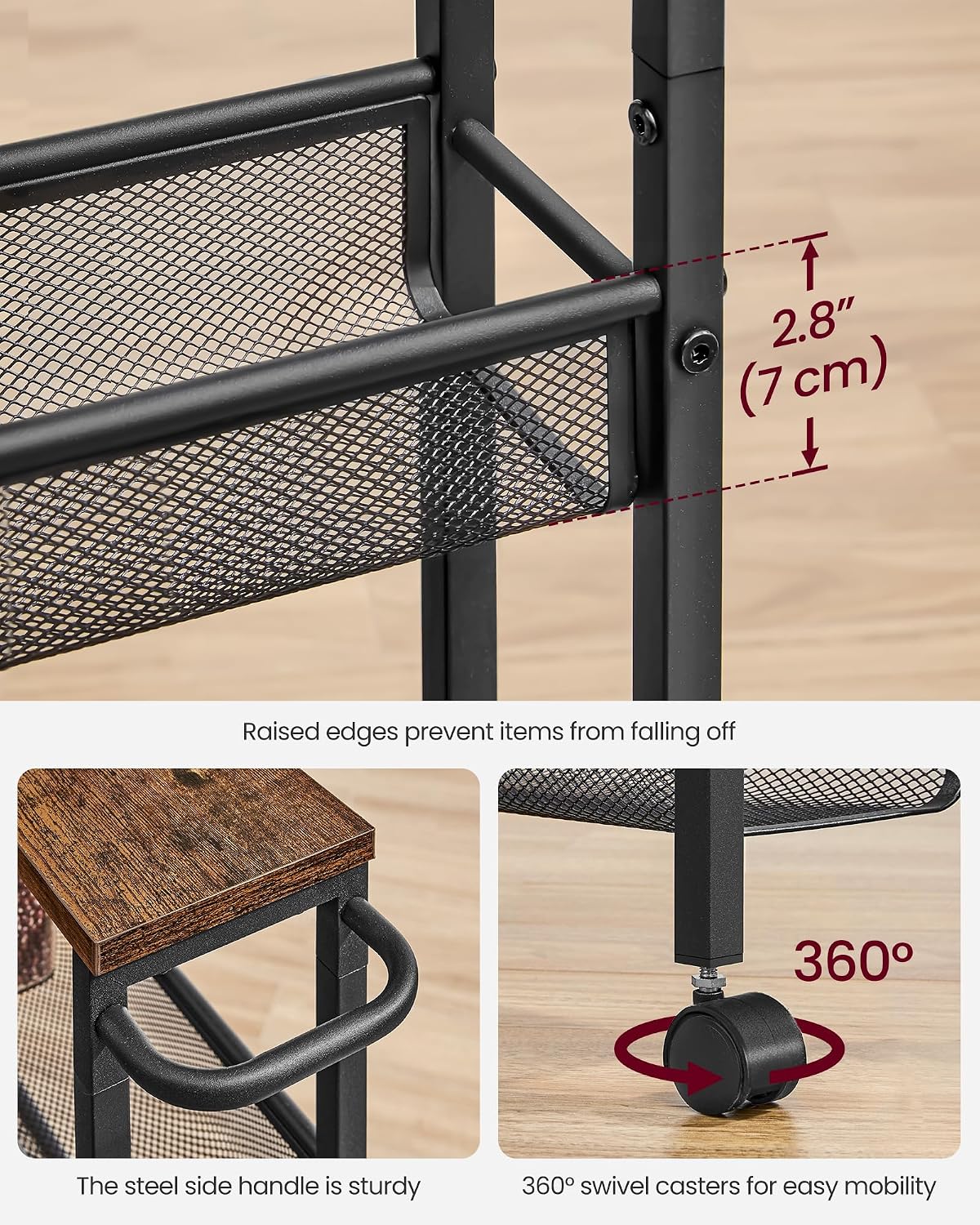 VASAGLE Slim Rolling Cart, 4-Tier Narrow Storage Cart with Handle, 5.1 Inches Deep, Metal Frame, for Kitchen, Dining Room, Living Room, Home Office, Rustic Brown and Classic Black ULRC032B01V1