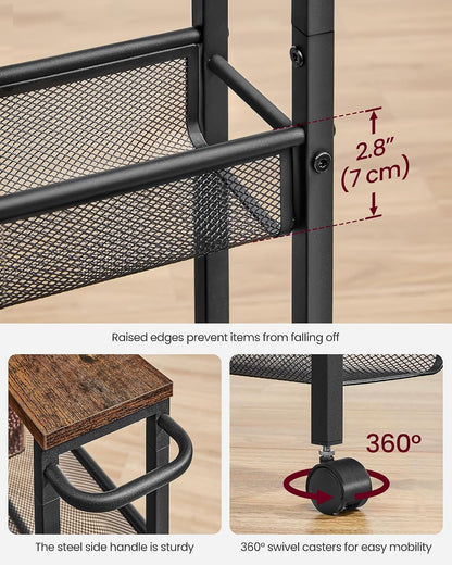 VASAGLE Slim Rolling Cart, 4-Tier Narrow Storage Cart with Handle, 5.1 Inches Deep, Metal Frame, for Kitchen, Dining Room, Living Room, Home Office, Rustic Brown and Classic Black ULRC032B01V1