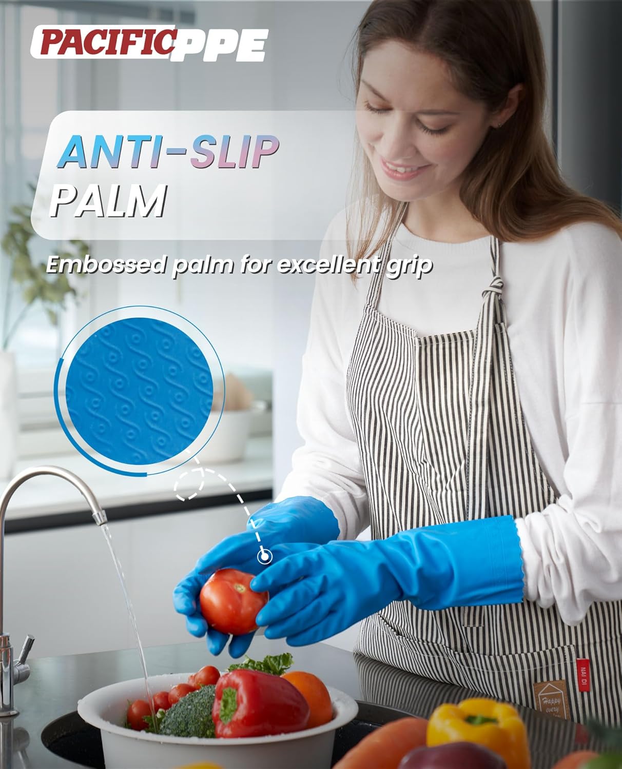 PACIFIC PPE 2 Pairs Reusable Dishwashing Cleaning Gloves with Latex Free, Cotton Lining, Kitchen Gloves, Blue, Medium