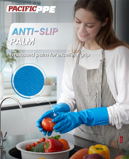 PACIFIC PPE 2 Pairs Reusable Dishwashing Cleaning Gloves with Latex Free, Cotton Lining, Kitchen Gloves, Blue, Medium