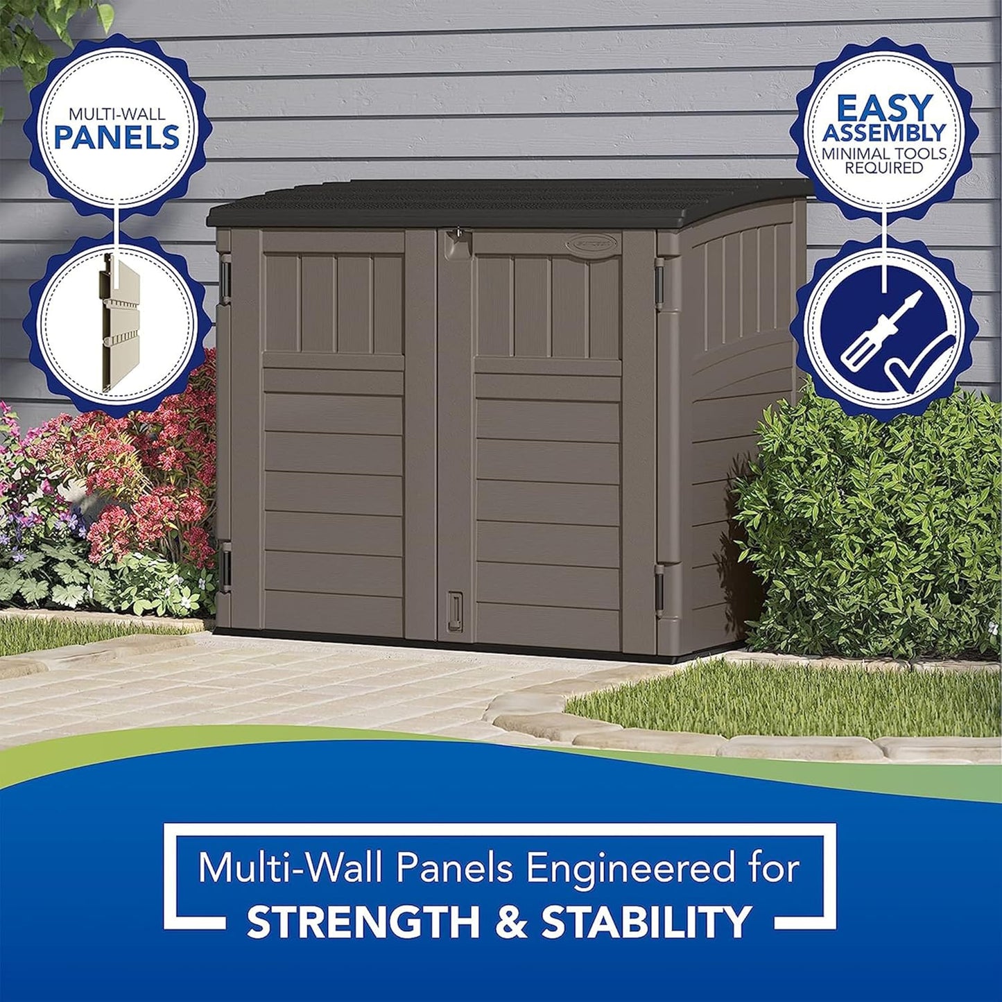 Suncast Outdoor Storage Shed for Backyard and Garden, Horizontal, 4' x 2.5', Stoney Grey - Portable Utility Deck and Cabinet for Tools, Equipment, and Garbage
