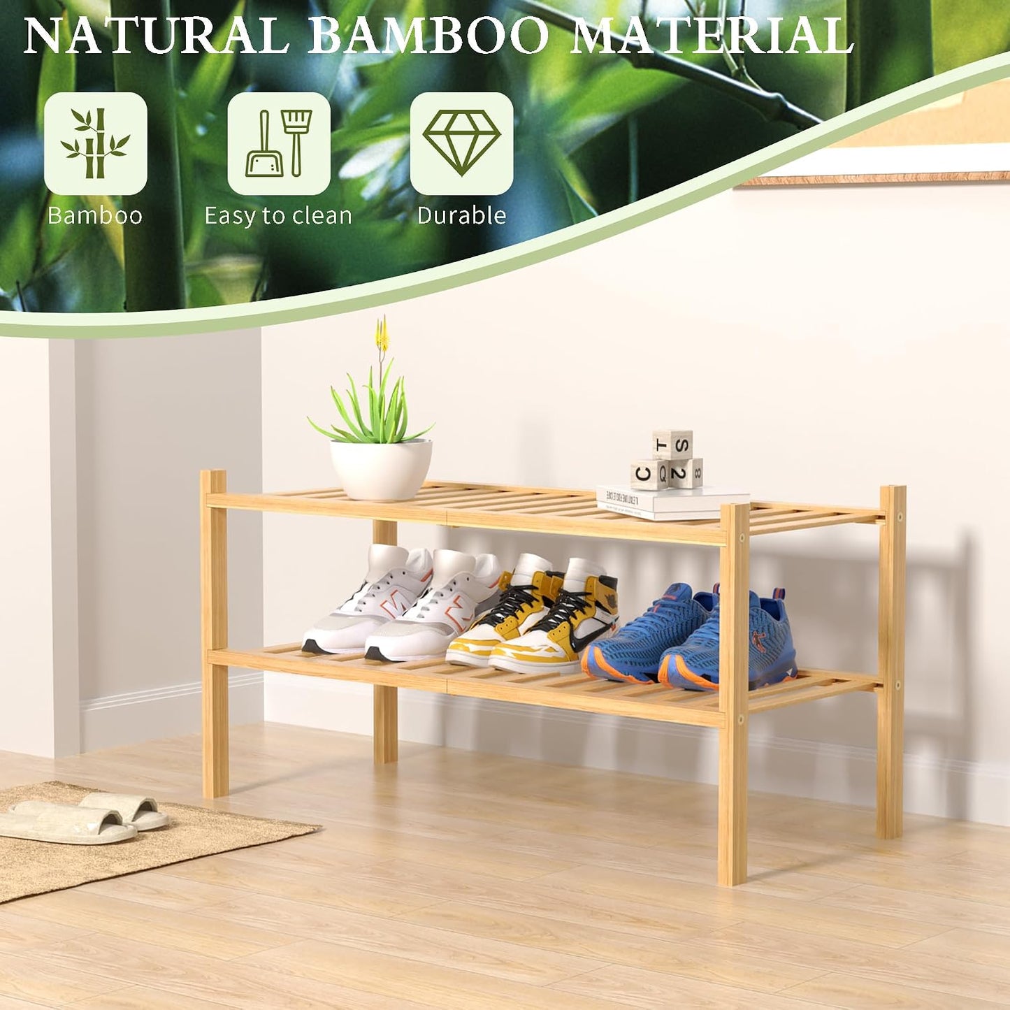 ROMGUAR CRAFT 3 Tier Bamboo Shoe Rack for Closet Free Standing Wood Shoe Shelf Storage Organizer for Entryway Small Space Stackable 27"x11"x20" (Natural)