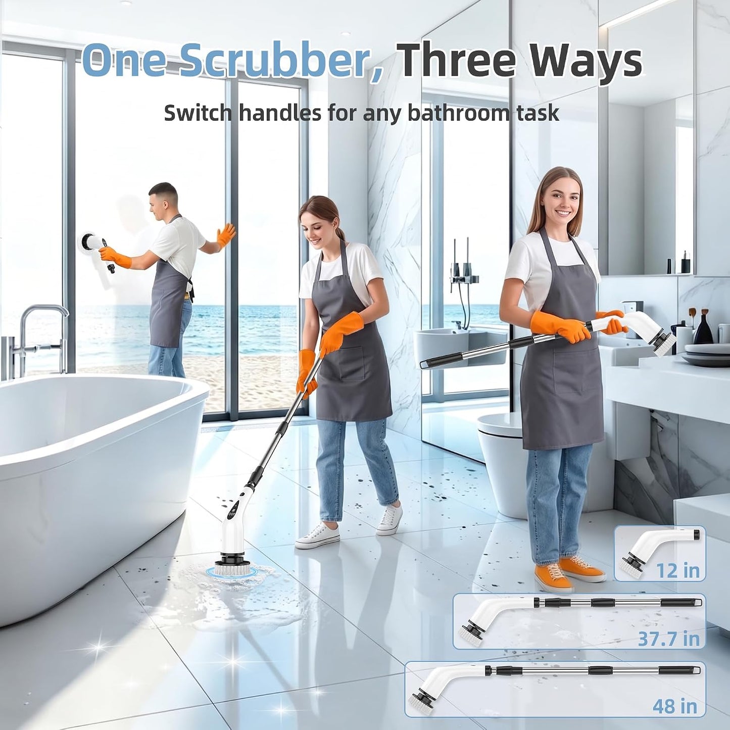 Electric Spin Scrubber, 3-Speed Flat End Brush with 8 Brush Heads & Base, Adjustable Long Handle, Digital Display, 2500mAh Fast Charging, for Bathroom, Tub, Tile, Floor（White