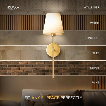PRIDOLA Set of 2 Wireless Wall Sconces – Stick-On or Screw Mount - Rechargeable LED Bulbs, Remote Controlled, Adjustable Brightness & Warmth, Easy Installation, Living Room Wall Decor (Gold)