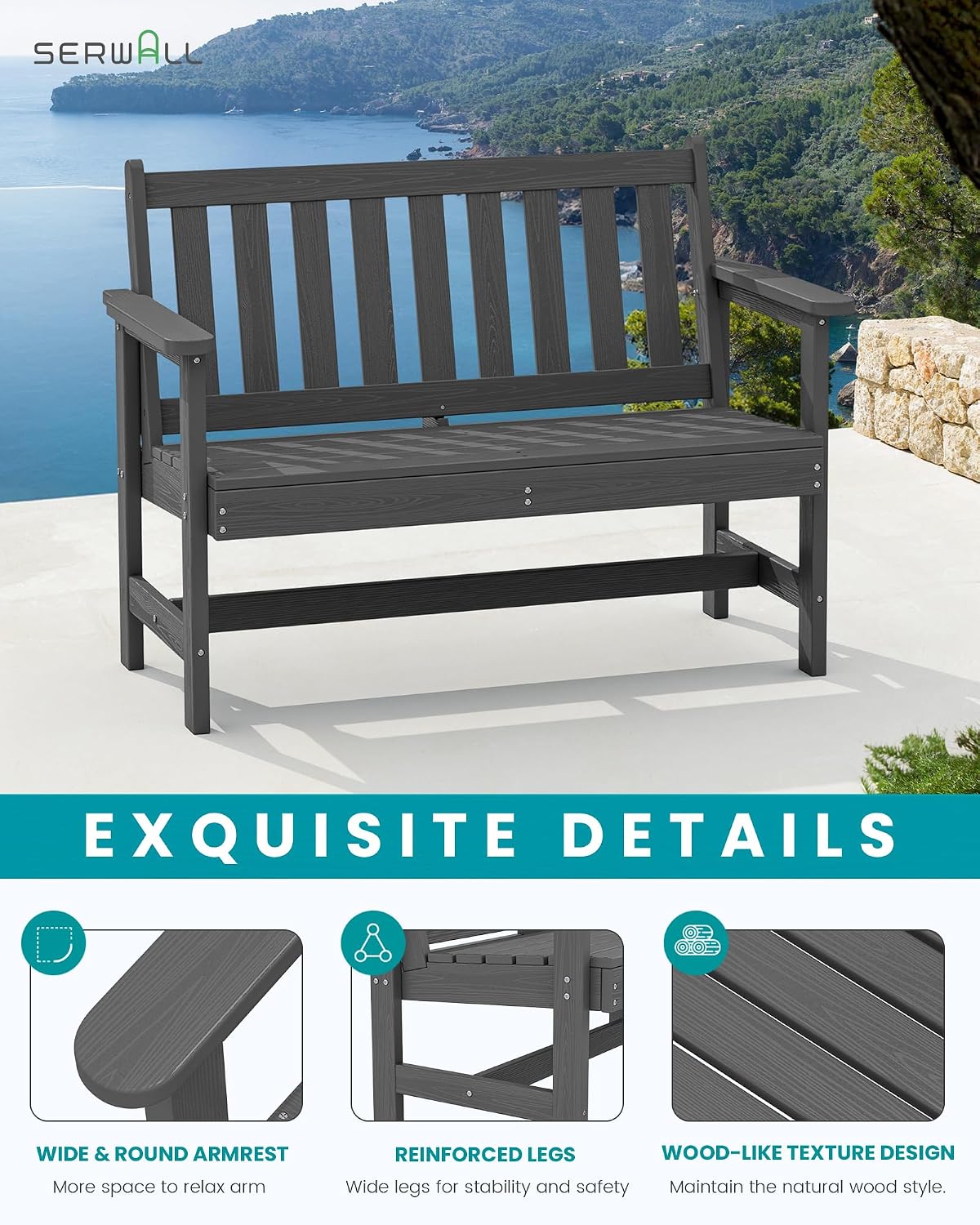 SERWALL HDPE Outdoor Storage Bench, Deck Box with Waterproof Storage Bags | All-Weather Benches | 57 Gallon Dual-Use Seat | Organizer Deck Boxes for Patio, Garden Tools & Pool | Dark Black