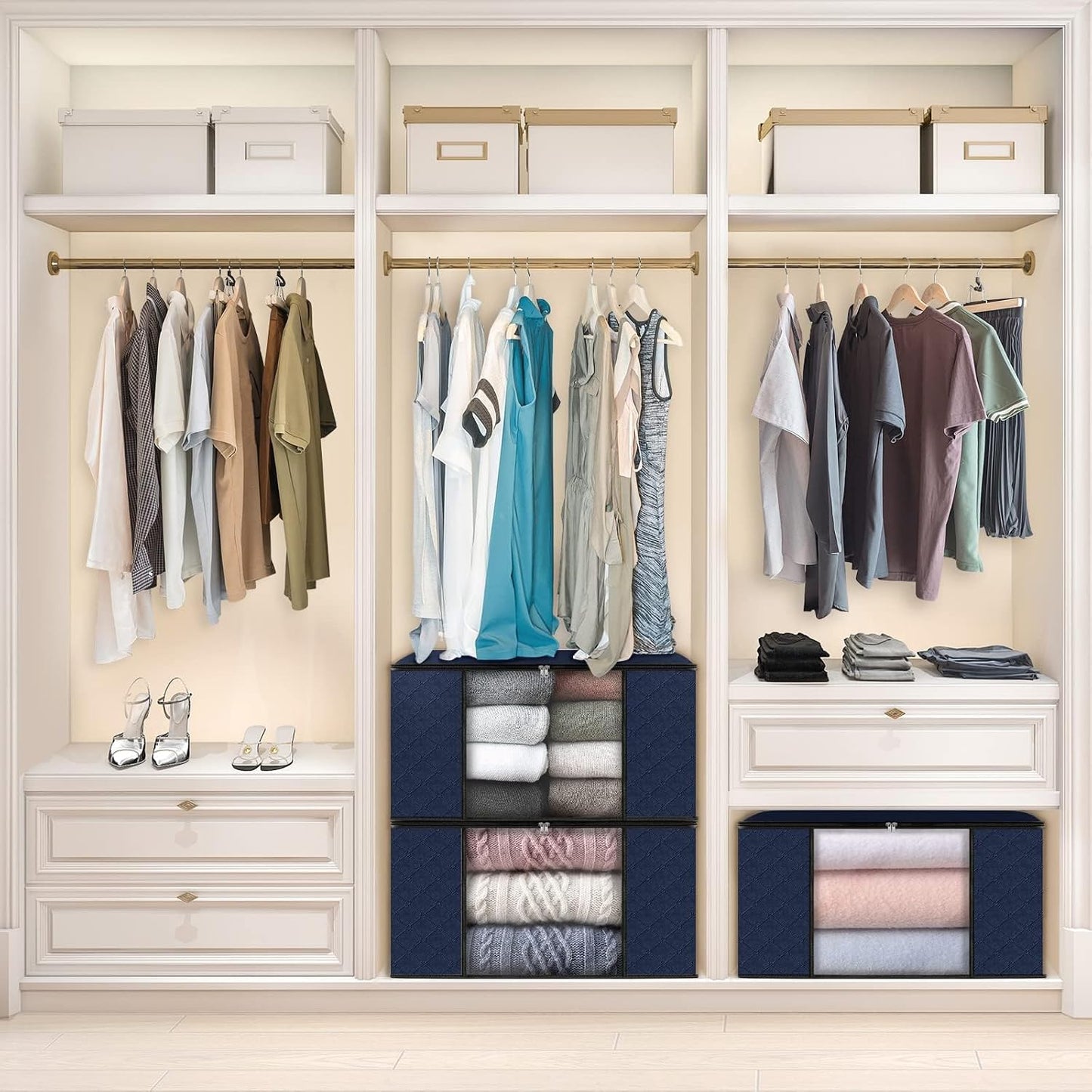 Fab totes 6 Pack Storage Bags for Clothes and Blanket, Foldable Closet Organizers and Storage with Zippers, Clear Window and Handles, Fabric Storage Bins for Sweater, Comforter, Bedding,Linen Sheets