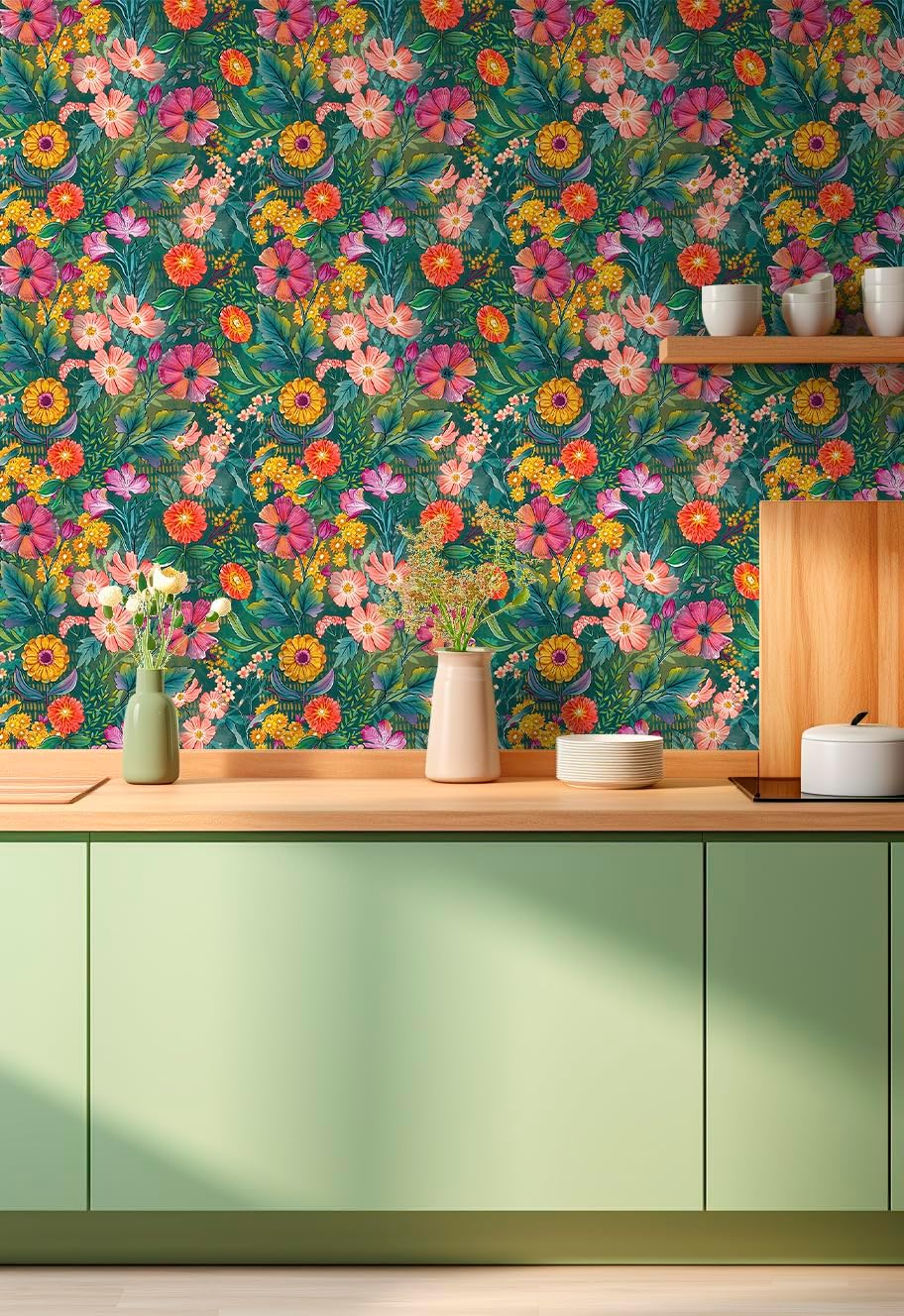 HAOKHOME Peel and Stick Wallpaper Floral Renter Friendly Wall Paper Green/Purple/Pink for Bathroom Kitchen Contact Paper 17.3in x 9.8ft