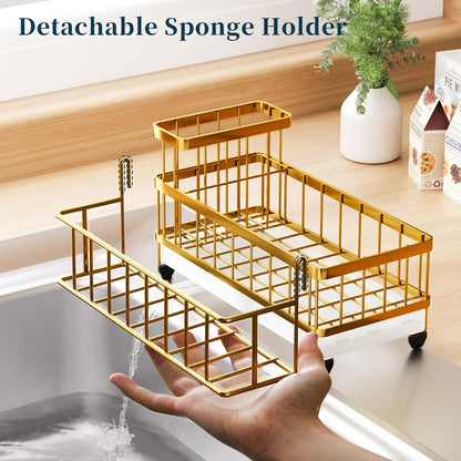 Consumest Sponge Holder for Kitchen Sink - Auto Draining Sink Caddy Organizer with Detachable Rack, High Brush Holder, Kitchen Countertop Storage Accessories, Black