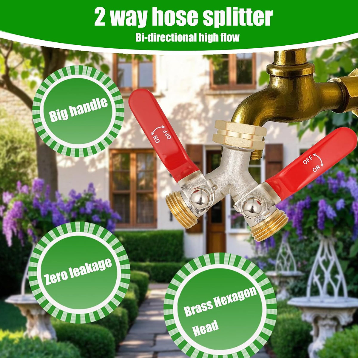EJW Hose Splitter, 2 Way Hose Splitter, Garden Hose Splitters,Faucet Splitters, Outdoor Faucet Splitter, 2 Way Hose Connector,Brass Splitter, 3/4” GHT Threads.