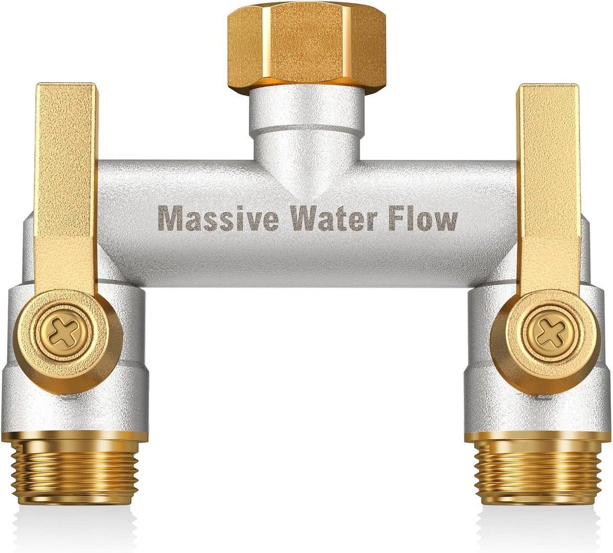 Hose Splitter 2 Way Heavy Duty, Solid Brass Full Flow Outdoor Faucet and Garden Hose Splitters, Water Spigot Splitter T Adapter, All Metal Water Connector with Shut-Off Valve, 3/4 - Inch GHT Thread