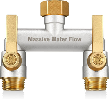 Hose Splitter 2 Way Heavy Duty, Solid Brass Full Flow Outdoor Faucet and Garden Hose Splitters, Water Spigot Splitter T Adapter, All Metal Water Connector with Shut-Off Valve, 3/4 - Inch GHT Thread