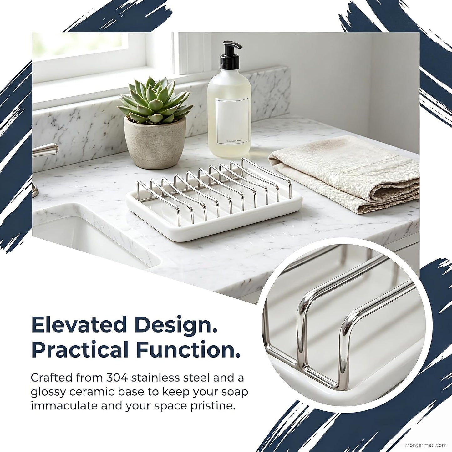 Ceramic Soap Dish with Stainless Steel Drain Tray Self Draining Soap Holder Sponge Holder Soap Dishes for Shower, Bathroom, Kitchen Sink