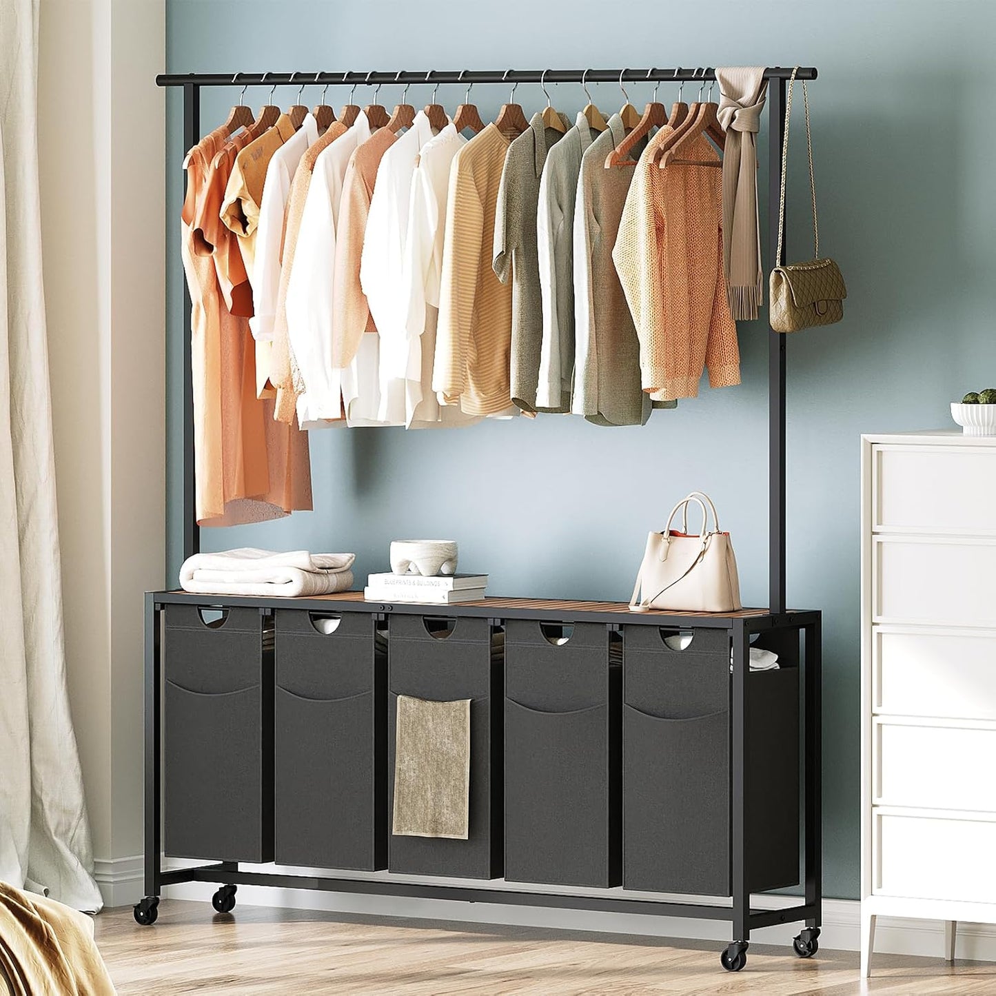 YATINEY Laundry Sorter 4 Section, Rolling Laundry Hamper with Hanging Rack, Laundry Sorter with Wheels, Hampers for Laundry, Laundry Basket Organizer for Laundry Room, Rustic Brown LS47BR