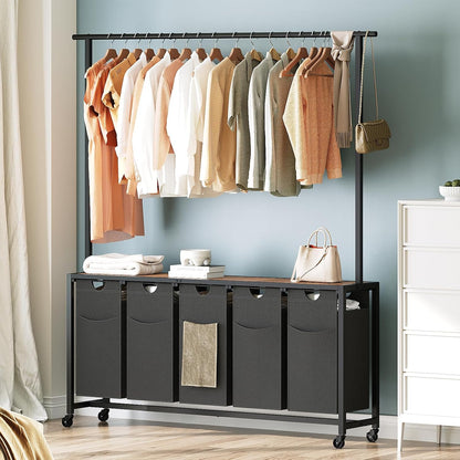 YATINEY Laundry Sorter 4 Section, Rolling Laundry Hamper with Hanging Rack, Laundry Sorter with Wheels, Hampers for Laundry, Laundry Basket Organizer for Laundry Room, Rustic Brown LS47BR