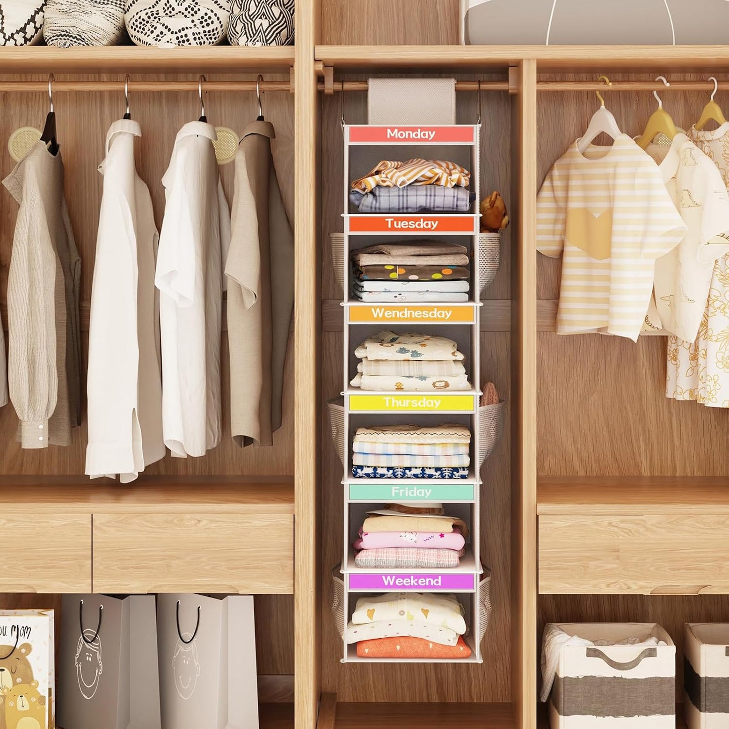 Fixwal 2 Pack 6-Shelf Weekly Hanging Closet Organizer for Kids, Kids Daily Clothes Organizers with 6 Side Pockets, Days of The Week Hanging Storage Shelves (White)