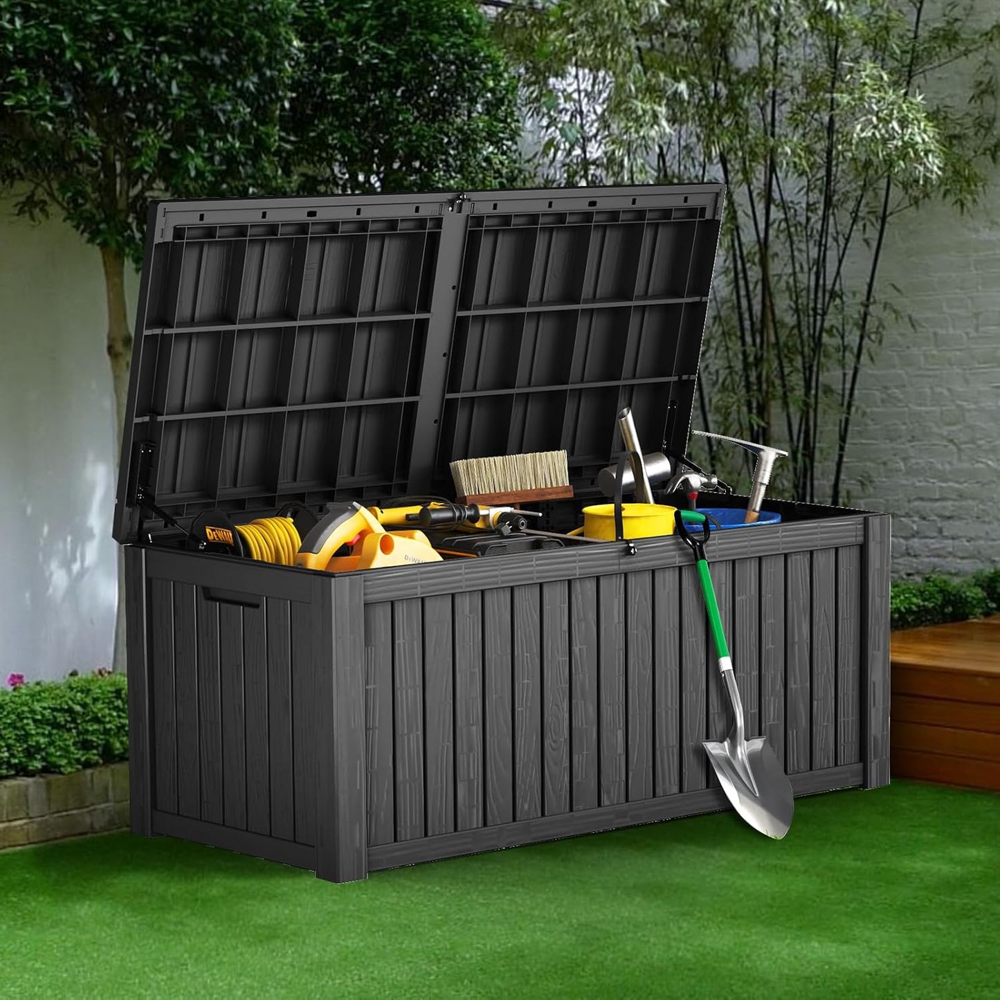 270 Gallon Lockable Resin Outdoor Storage Box, Waterproof & Weather Resistant Deck Box for Patio Cushion, Garden Tools & Pool Accessories, Black