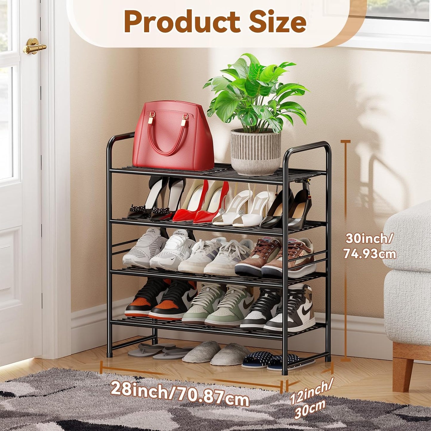Simple Shoe Rack 2 Tier 27 Inch Wide, Heavy Duty Metal Closet Shoe Organizer Shelf for Entryway, Front Door, Black