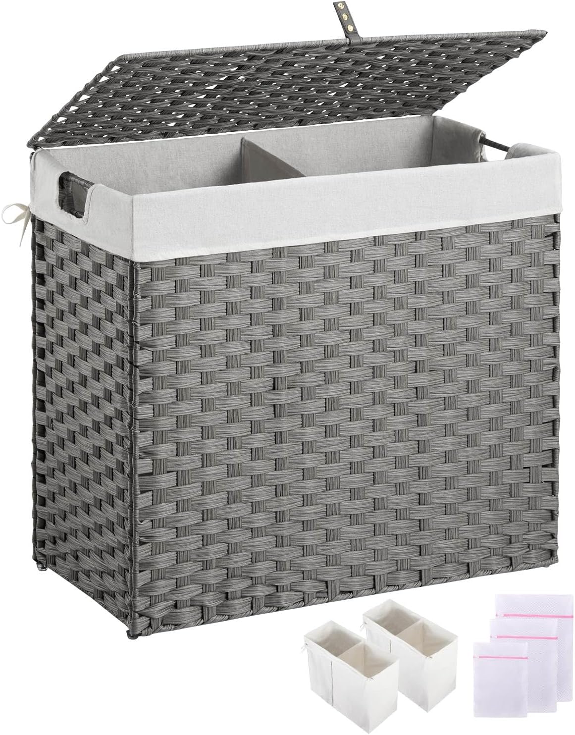 Greenstell Laundry Hamper with 2 Removable Liner Bags, Foldable Divided Clothes Hamper, 90L Handwoven Rattan Laundry Basket with Lid and Handles, No Assembly Needed, 18.3x13.3x24 Inches, Black