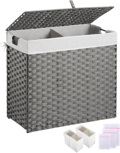 Greenstell Laundry Hamper with 2 Removable Liner Bags, Foldable Divided Clothes Hamper, 90L Handwoven Rattan Laundry Basket with Lid and Handles, No Assembly Needed, 18.3x13.3x24 Inches, Black
