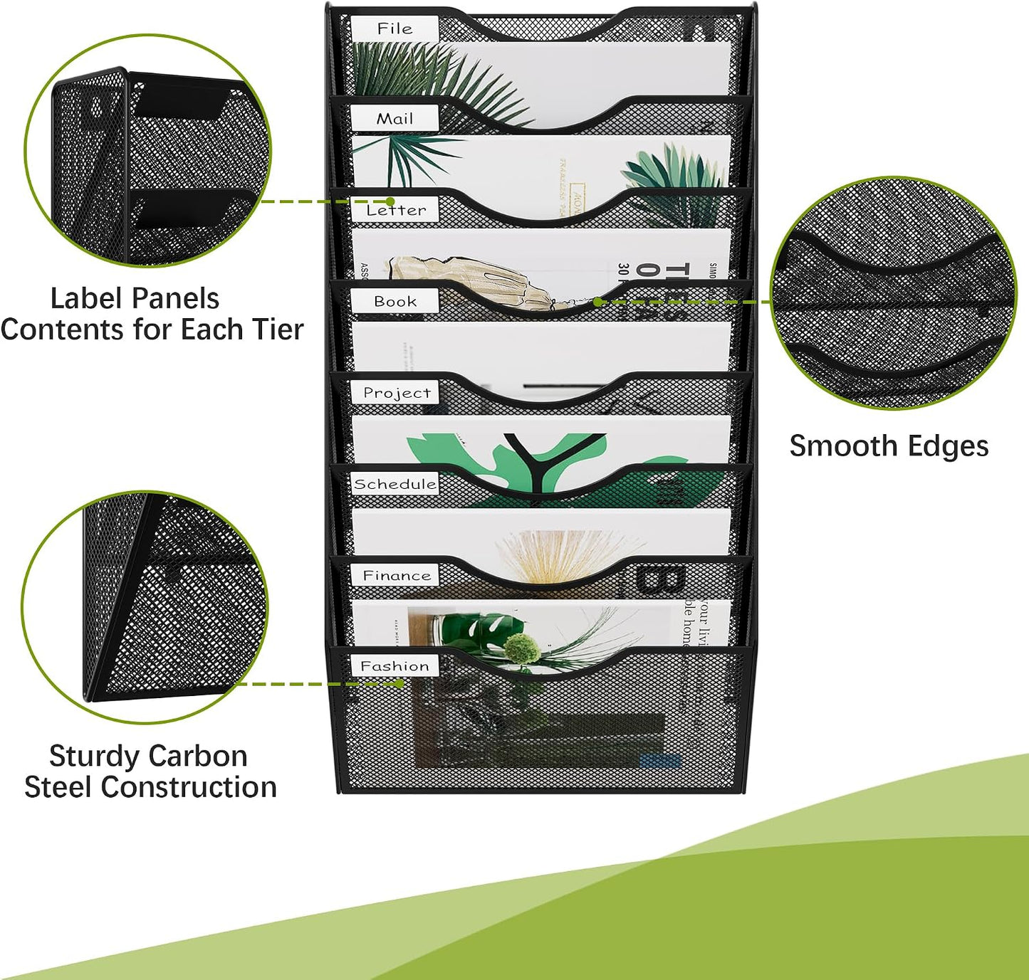 EasyPAG 5 Pocket Mesh Wall File Organizer with Key Hooks, Hanging Paper Folder Holder with Classify Label, Vertical Wall Mount Mail Organizer for Office Home Classroom, Black