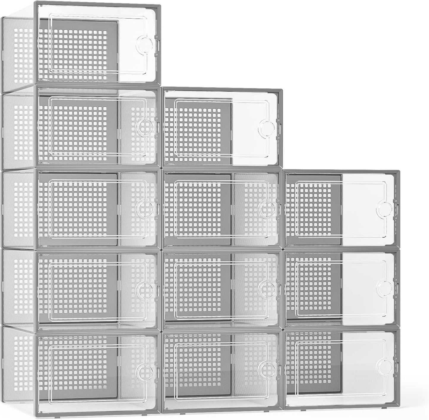 Kuject X-Large Shoe Storage Boxes Organizers for Closet 12 Pack, Fit Size 11,Clear Plastic Stackable Sneaker Containers for Entryway, Space Saving Shoe Rack, Brown