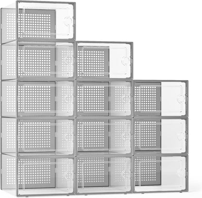 Kuject X-Large Shoe Storage Boxes Organizers for Closet 12 Pack, Fit Size 11,Clear Plastic Stackable Sneaker Containers for Entryway, Space Saving Shoe Rack, Brown