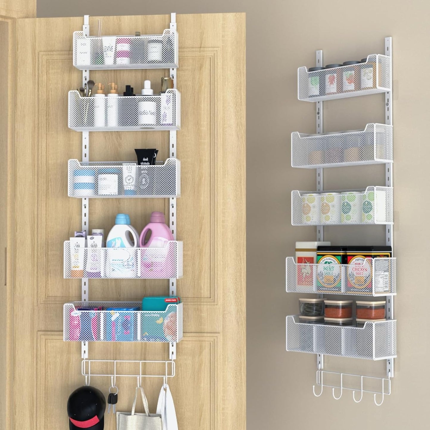 VyGrow Over The Door Organizer, Metal Door Organizer Hanging with 5 Adjustable Baskets and Coat Hook, Behind The Door Storage for Bedroom Closet Bathroom Pantry Cabinet Kitchen, Black