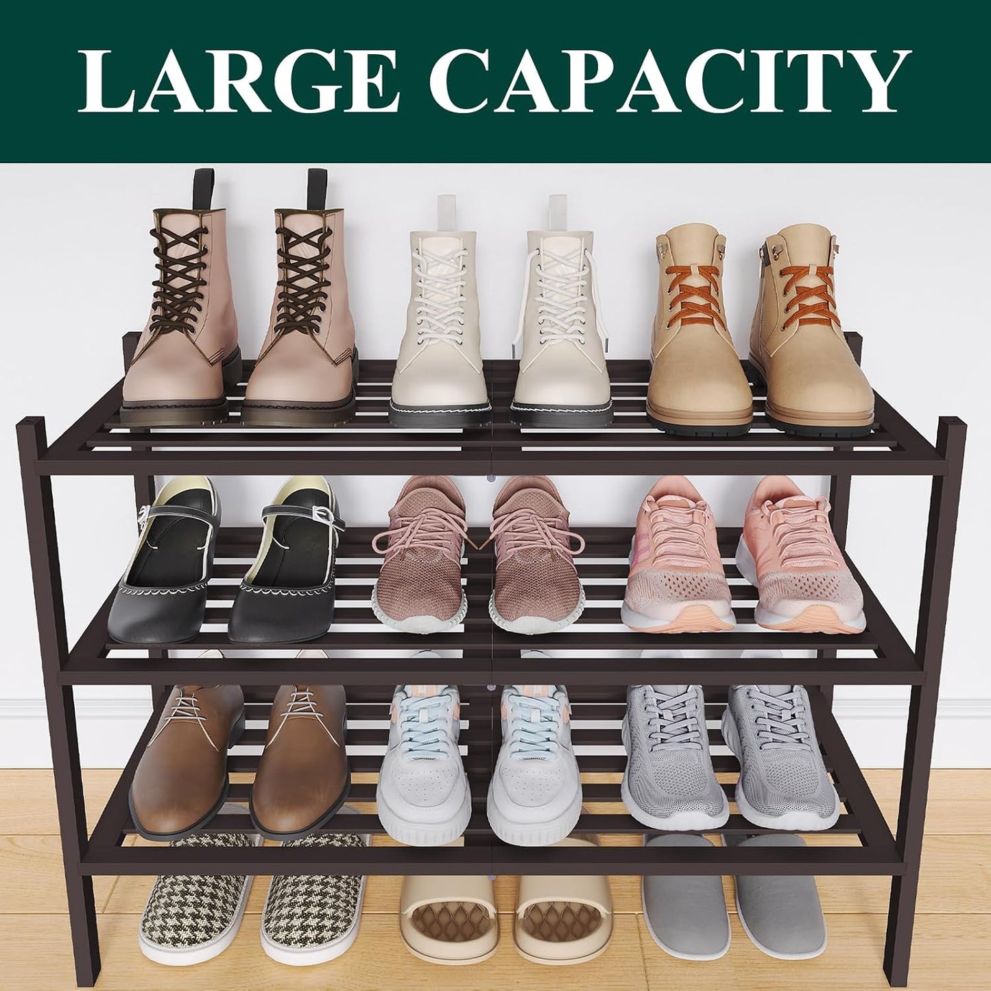 Smiry Bamboo Shoe Rack, 3 Tier Free Standing Wooden Shoe Organizer, Stackable Wood Shoe Storage Shelf for Closet, Entryway, 5 Horizontal Slats, 26.8"x11"x18.3", Natural