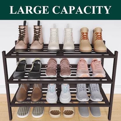 Smiry Bamboo Shoe Rack, 3 Tier Free Standing Wooden Shoe Organizer, Stackable Wood Shoe Storage Shelf for Closet, Entryway, 5 Horizontal Slats, 26.8"x11"x18.3", Natural