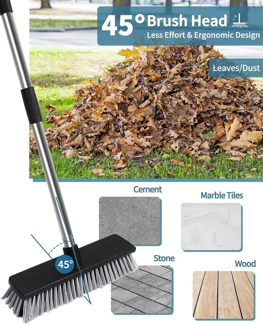 LandHope Hard Bristle Deck Broom Adjustable Long Handle Scrub Brush Heavy Duty Concrete Push Broom Outdoor Brush Garage Broom Wood Large Floor Scrubber 28-52 inch Balcony -Multi Segment Handle