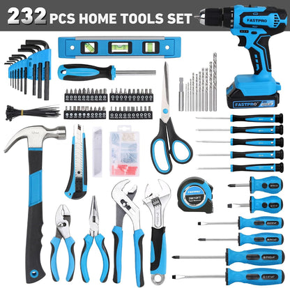 FASTPRO 232-Piece Home Tool Set with Drill, 20V Cordless Drill Driver, Household Repairing Tool Kit with Drill, 12-Inch Wide Mouth Storage Tool Bag Included, Red