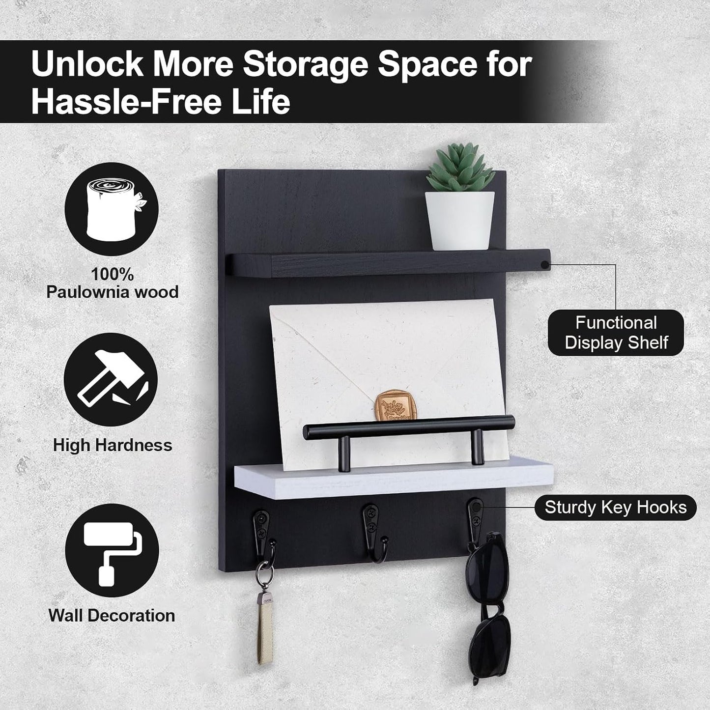 Key Holder Wall Mount, Mail Shelf Decor with 3 Key Hooks, Versatile Wood Wall Organizer for Entryway Hallway (8.2” x 10.6”x 3.6”) (White)