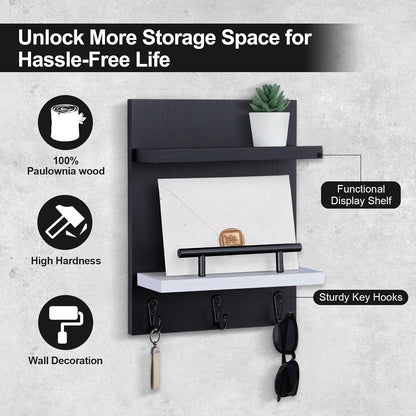 Key Holder Wall Mount, Mail Shelf Decor with 3 Key Hooks, Versatile Wood Wall Organizer for Entryway Hallway (8.2” x 10.6”x 3.6”) (White)