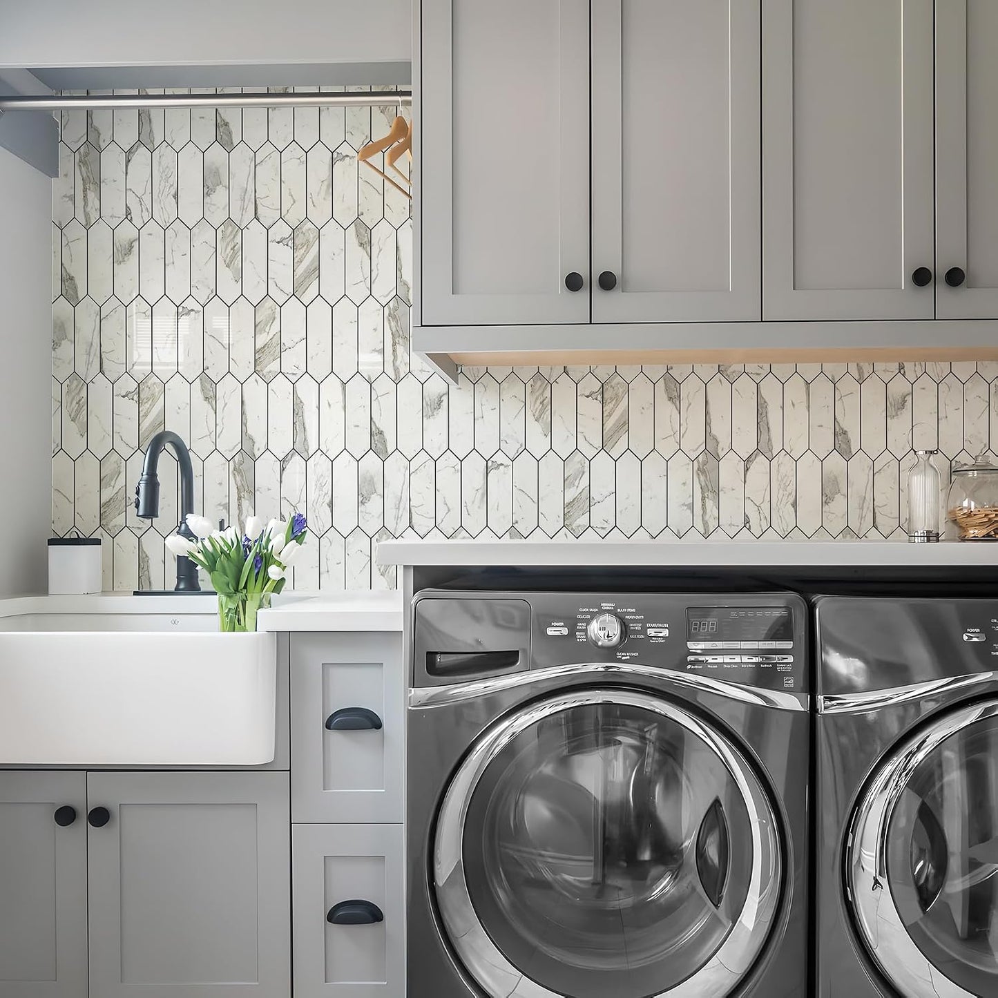 Vamos Tile Glossy Dolomite White Backsplash Tile Peel and Stick, 12.8 x 12.8 Inch 10 Sheets Long Hexagon PVC Self Adhesive Mosaic Wall Tiles Stick on Backsplash for Kitchen and Bathroom